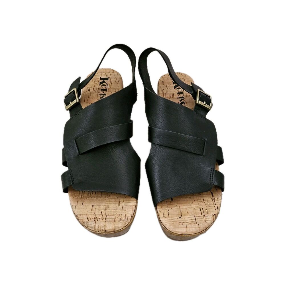 Korks Fallon Sandals 8 Black Faux Leather‎ Wedge Heel Platform Slingback Boho